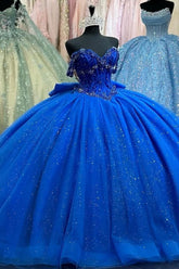 Misshow Royal Blue Off-Shoulder Ball Gown Sparkly Beaded Tulle Quinceanera Dress with Pleated Skirt & Lace-Up Back for Sweet 16 or Birthday Parties