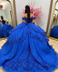 Misshow Royal Blue Off-Shoulder Ball Gown Tiered Glitter Tulle Lace Appliques & Beaded Details for Quinceanera Sweet 16 & Evening Galas