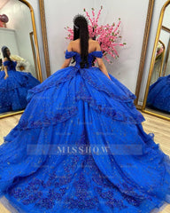 Misshow Royal Blue Off-Shoulder Ball Gown Tiered Glitter Tulle Lace Appliques & Beaded Details for Quinceanera Sweet 16 & Evening Galas
