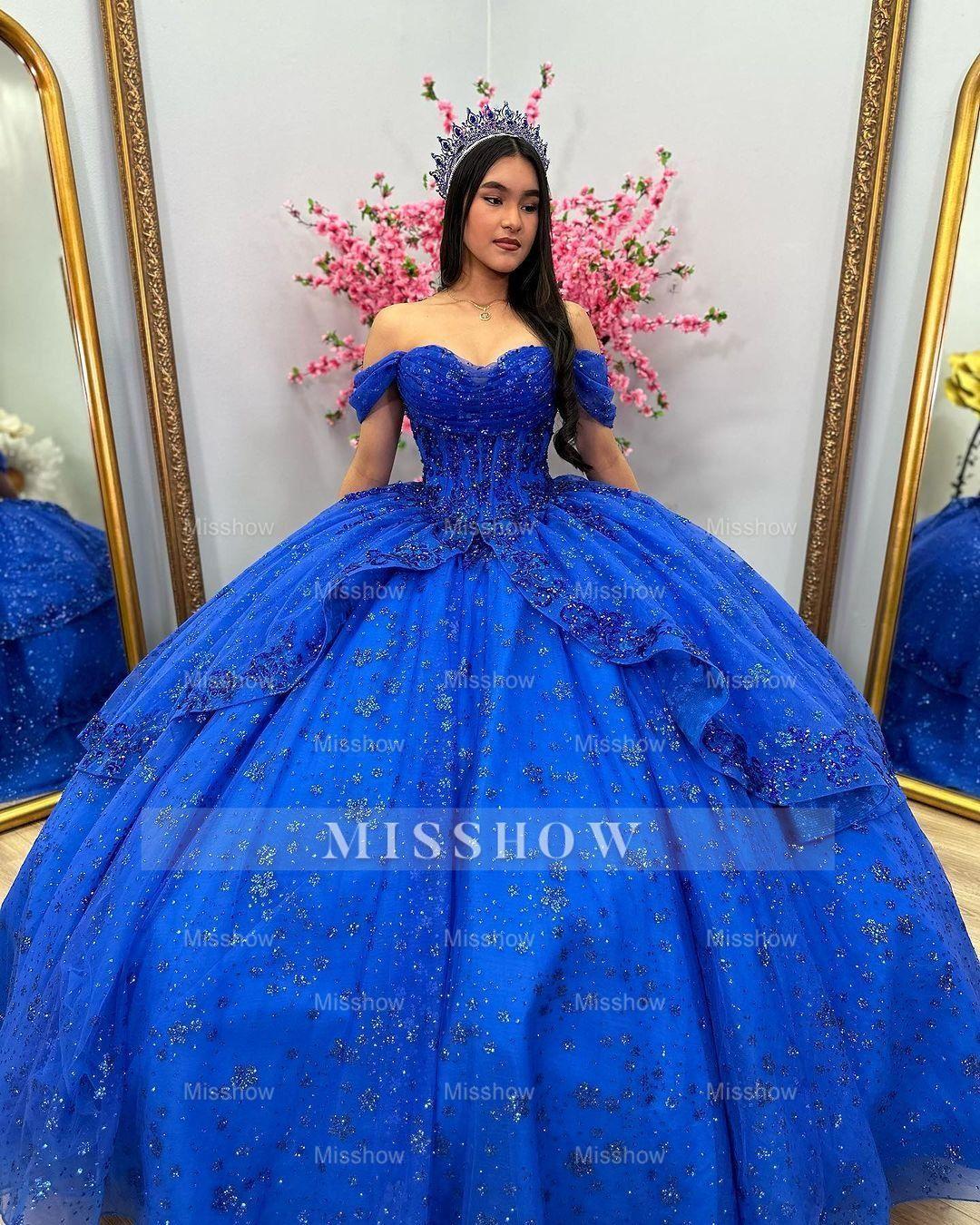 Misshow Royal Blue Off-Shoulder Ball Gown Tiered Glitter Tulle Lace Appliques & Beaded Details for Quinceanera Sweet 16 & Evening Galas