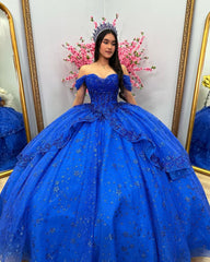 Misshow Royal Blue Off-Shoulder Ball Gown Tiered Glitter Tulle Lace Appliques & Beaded Details for Quinceanera Sweet 16 & Evening Galas