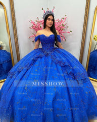 Misshow Royal Blue Off-Shoulder Ball Gown Tiered Glitter Tulle Lace Appliques & Beaded Details for Quinceanera Sweet 16 & Evening Galas