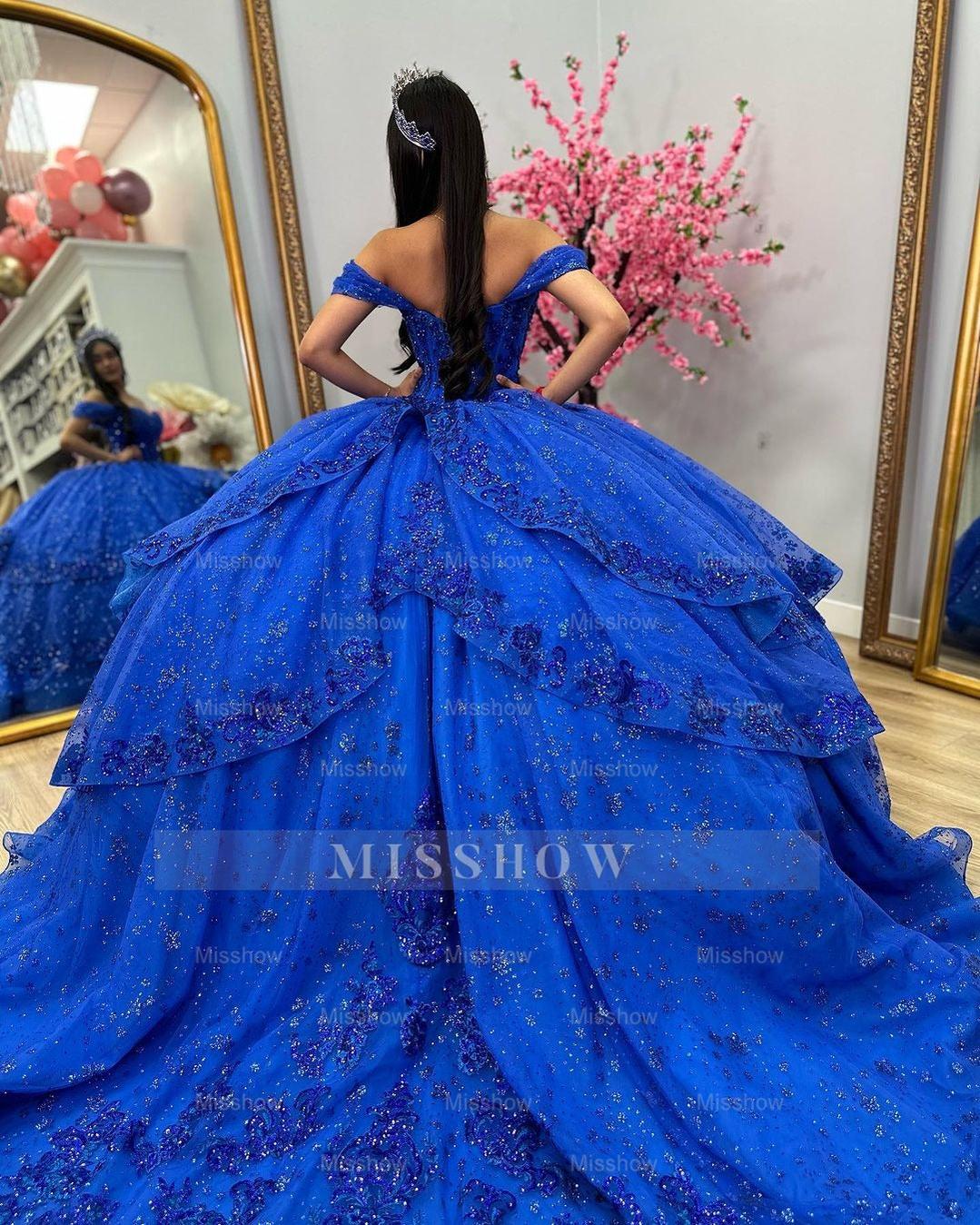 Misshow Royal Blue Off-Shoulder Ball Gown Tiered Glitter Tulle Lace Appliques & Beaded Details for Quinceanera Sweet 16 & Evening Galas