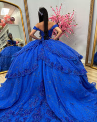 Misshow Royal Blue Off-Shoulder Ball Gown Tiered Glitter Tulle Lace Appliques & Beaded Details for Quinceanera Sweet 16 & Evening Galas