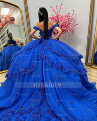 Misshow Royal Blue Off-Shoulder Ball Gown Tiered Glitter Tulle Lace Appliques & Beaded Details for Quinceanera Sweet 16 & Evening Galas