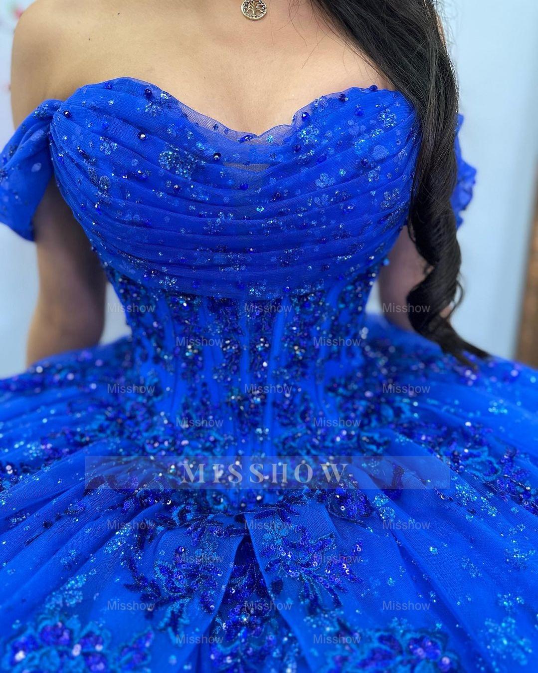 Misshow Royal Blue Off-Shoulder Ball Gown Tiered Glitter Tulle Lace Appliques & Beaded Details for Quinceanera Sweet 16 & Evening Galas