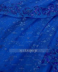 Misshow Royal Blue Off-Shoulder Ball Gown Tiered Glitter Tulle Lace Appliques & Beaded Details for Quinceanera Sweet 16 & Evening Galas