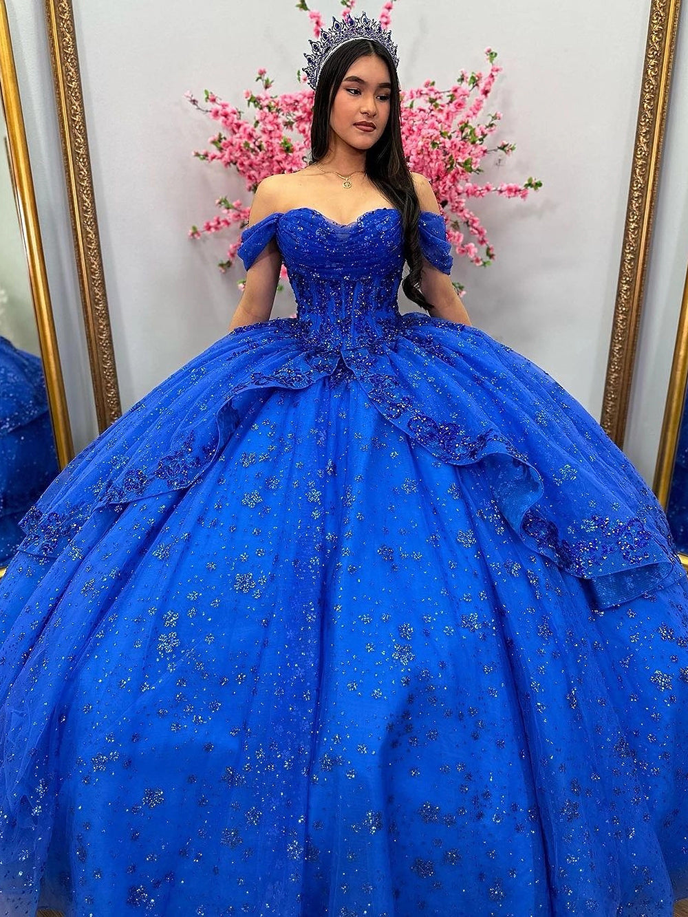 Misshow Royal Blue Off-Shoulder Ball Gown Tiered Glitter Tulle Lace Appliques & Beaded Details for Quinceanera Sweet 16 & Evening Galas