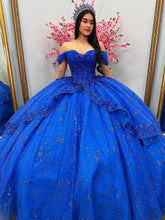 Misshow Royal Blue Off-Shoulder Ball Gown Tiered Glitter Tulle Lace Appliques & Beaded Details for Quinceanera Sweet 16 & Evening Galas