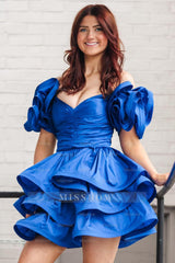 Misshow Royal Blue Off The Shoulder A Line Tiered Short Homecoming Dress/Mini Dress