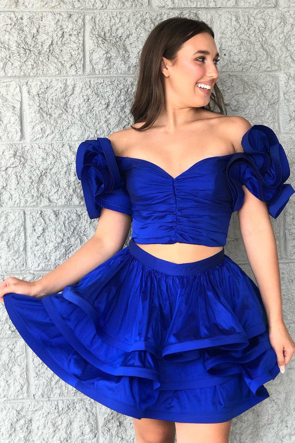 Misshow Royal Blue Off The Shoulder A Line Tiered Short Homecoming Dress/Mini Dress