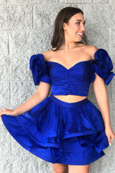 Misshow Royal Blue Off The Shoulder A Line Tiered Short Homecoming Dress/Mini Dress