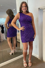 Misshow Royal Blue Open Back One Shoulder Sequins Tight Short Hoco Dress