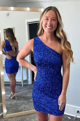 Misshow Royal Blue Open Back One Shoulder Sequins Tight Short Hoco Dress