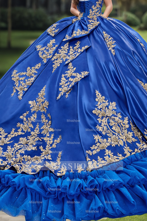 Misshow Royal Blue Quinceanera Ball Gown Sweetheart Neckline Gold Appliques & Tiered Tulle Skirt for Sweet 16 or Birthday Celebrations