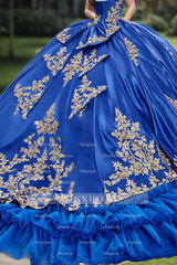 Misshow Royal Blue Quinceanera Ball Gown Sweetheart Neckline Gold Appliques & Tiered Tulle Skirt for Sweet 16 or Birthday Celebrations