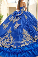 Misshow Royal Blue Quinceanera Ball Gown Sweetheart Neckline Gold Appliques & Tiered Tulle Skirt for Sweet 16 or Birthday Celebrations