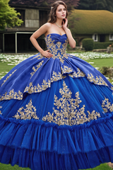 Misshow Royal Blue Quinceanera Ball Gown Sweetheart Neckline Gold Appliques & Tiered Tulle Skirt for Sweet 16 or Birthday Celebrations