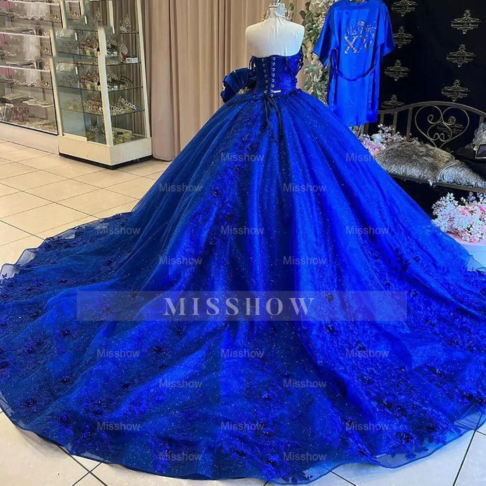 Misshow Royal Blue Quinceanera Dress Off-Shoulder Ball Gown with 3D Flower Lace & Glitter Tulle for Sweet 16 & Princess Parties