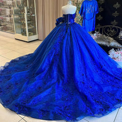 Misshow Royal Blue Quinceanera Dress Off-Shoulder Ball Gown with 3D Flower Lace & Glitter Tulle for Sweet 16 & Princess Parties