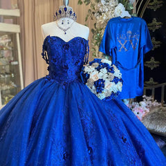 Misshow Royal Blue Quinceanera Dress Off-Shoulder Ball Gown with 3D Flower Lace & Glitter Tulle for Sweet 16 & Princess Parties