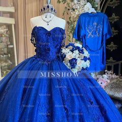Misshow Royal Blue Quinceanera Dress Off-Shoulder Ball Gown with 3D Flower Lace & Glitter Tulle for Sweet 16 & Princess Parties