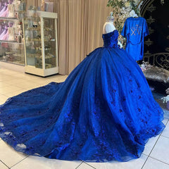 Misshow Royal Blue Quinceanera Dress Off-Shoulder Ball Gown with 3D Flower Lace & Glitter Tulle for Sweet 16 & Princess Parties