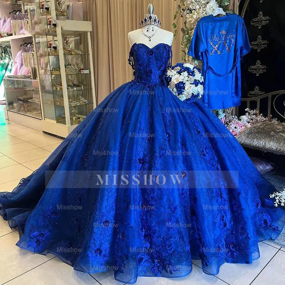 Misshow Royal Blue Quinceanera Dress Off-Shoulder Ball Gown with 3D Flower Lace & Glitter Tulle for Sweet 16 & Princess Parties