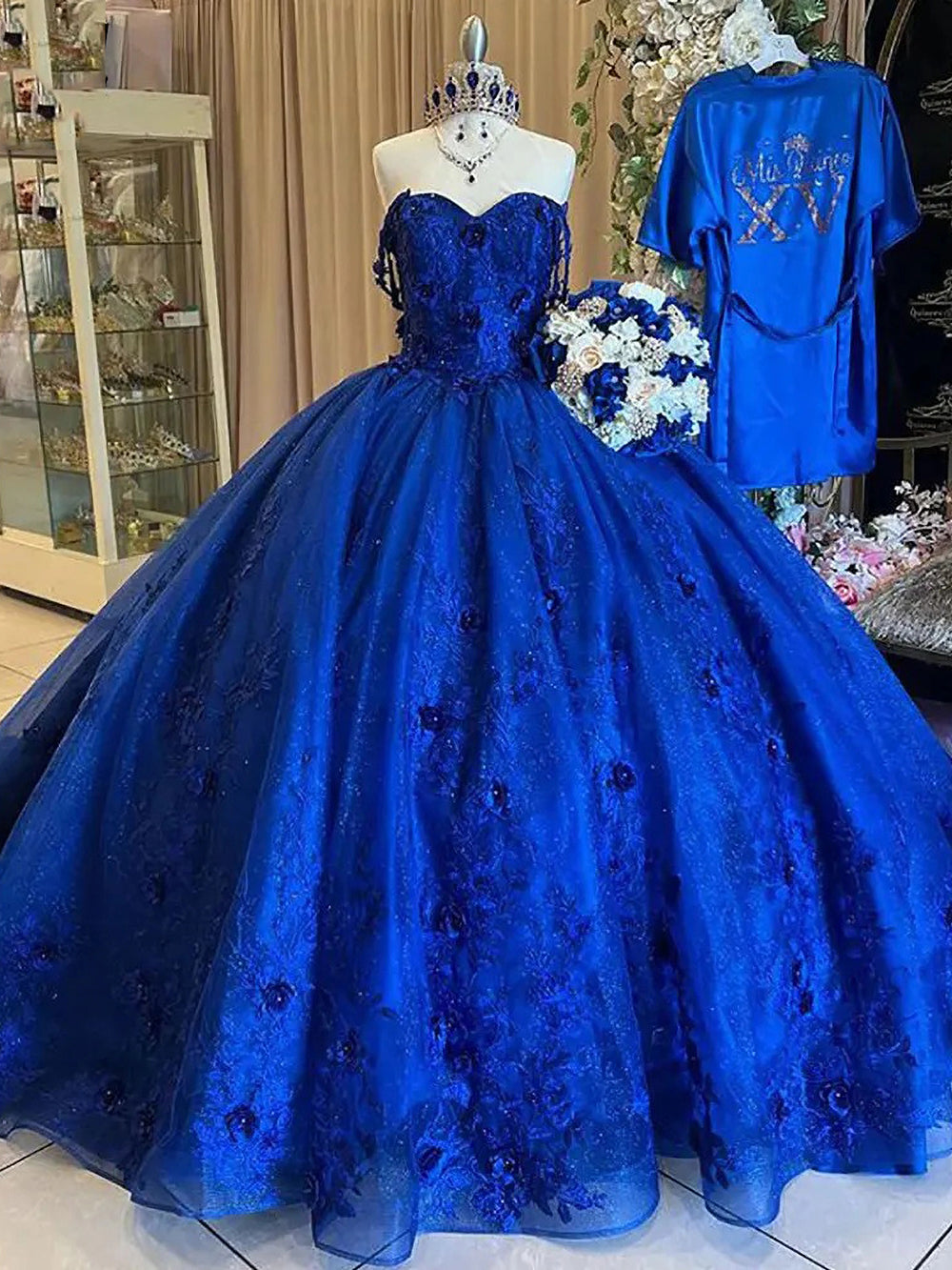 Misshow Royal Blue Quinceanera Dress Off-Shoulder Ball Gown with 3D Flower Lace & Glitter Tulle for Sweet 16 & Princess Parties