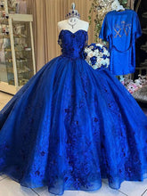 Misshow Royal Blue Quinceanera Dress Off-Shoulder Ball Gown with 3D Flower Lace & Glitter Tulle for Sweet 16 & Princess Parties