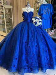 Misshow Royal Blue Quinceanera Dress Off-Shoulder Ball Gown with 3D Flower Lace & Glitter Tulle for Sweet 16 & Princess Parties