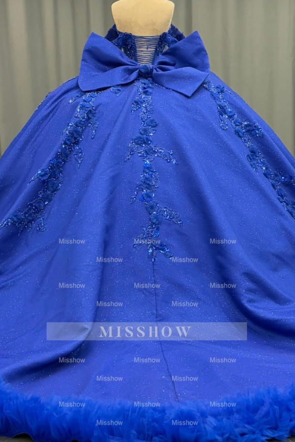 Misshow Royal Blue Satin Quinceanera Dress Off-Shoulder Ball Gown with 3D Beaded Flowers & Glitter Bow for Sweet 16 & Evening Galas