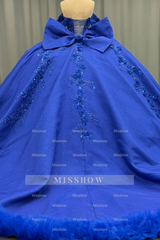 Misshow Royal Blue Satin Quinceanera Dress Off-Shoulder Ball Gown with 3D Beaded Flowers & Glitter Bow for Sweet 16 & Evening Galas