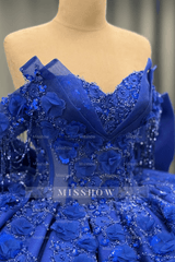 Misshow Royal Blue Satin Quinceanera Dress Off-Shoulder Ball Gown with 3D Beaded Flowers & Glitter Bow for Sweet 16 & Evening Galas
