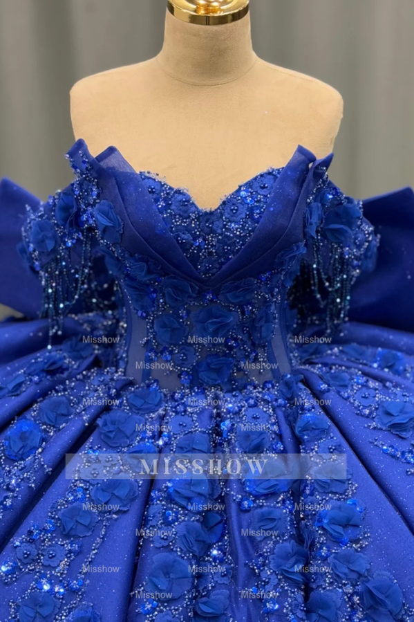 Misshow Royal Blue Satin Quinceanera Dress Off-Shoulder Ball Gown with 3D Beaded Flowers & Glitter Bow for Sweet 16 & Evening Galas
