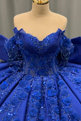 Misshow Royal Blue Satin Quinceanera Dress Off-Shoulder Ball Gown with 3D Beaded Flowers & Glitter Bow for Sweet 16 & Evening Galas