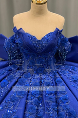 Misshow Royal Blue Satin Quinceanera Dress Off-Shoulder Ball Gown with 3D Beaded Flowers & Glitter Bow for Sweet 16 & Evening Galas
