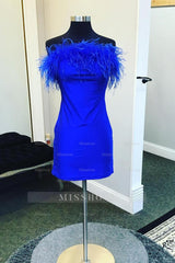 Misshow Royal Blue Satin Tight Short Homecoming Dress/Mini Dress with Feathers