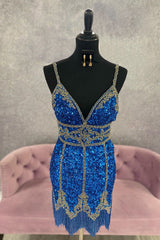 Misshow Royal Blue Sequined Homecoming Dress/Mini Dress With Fringes