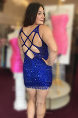 Misshow Royal Blue Spaghetti Straps Sequins Homecoming Dress/Mini Dress With Criss Cross Back