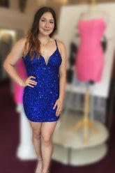 Misshow Royal Blue Spaghetti Straps Sequins Homecoming Dress/Mini Dress With Criss Cross Back