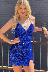 Misshow Royal Blue Spaghetti Straps Sequins Tight Homecoming Dress/Mini Dress