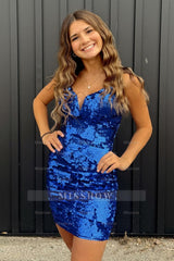 Misshow Royal Blue Spaghetti Straps Tight Short Homecoming Dress/Mini Dress with Sequins