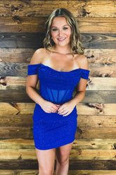 Misshow Royal Blue Sparkly Off The Shoulder Corset Tight Short Homecoming Dress/Mini Dress
