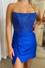 Misshow Royal Blue Strapless Beaded Tight Homecoming Dress/Mini Dress