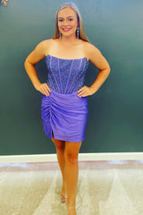 Misshow Royal Blue Strapless Beaded Tight Homecoming Dress/Mini Dress