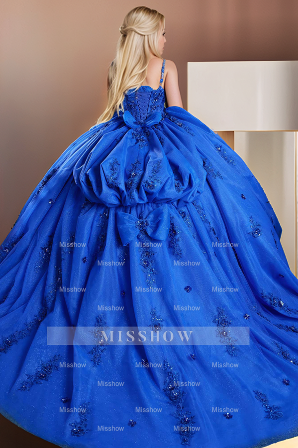 Misshow Royal Blue Tulle Quinceanera Dress Sweetheart Neckline Detachable Beaded Sleeves & Tiered Skirt for Sweet 16 & Evening Galas