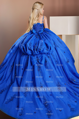 Misshow Royal Blue Tulle Quinceanera Dress Sweetheart Neckline Detachable Beaded Sleeves & Tiered Skirt for Sweet 16 & Evening Galas