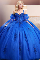 Misshow Royal Blue Tulle Quinceanera Dress Sweetheart Neckline Detachable Beaded Sleeves & Tiered Skirt for Sweet 16 & Evening Galas