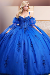 Misshow Royal Blue Tulle Quinceanera Dress Sweetheart Neckline Detachable Beaded Sleeves & Tiered Skirt for Sweet 16 & Evening Galas